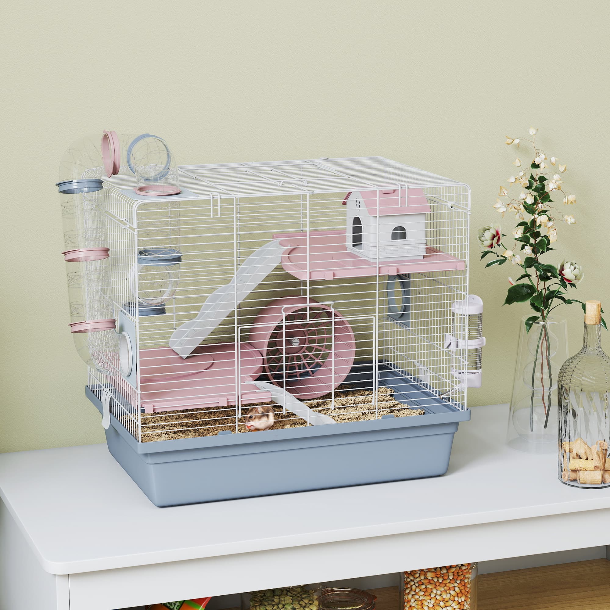 Hamster Cage, 3-Tier Klein Animal Cage With Exercise Wheel, Food Napf,
