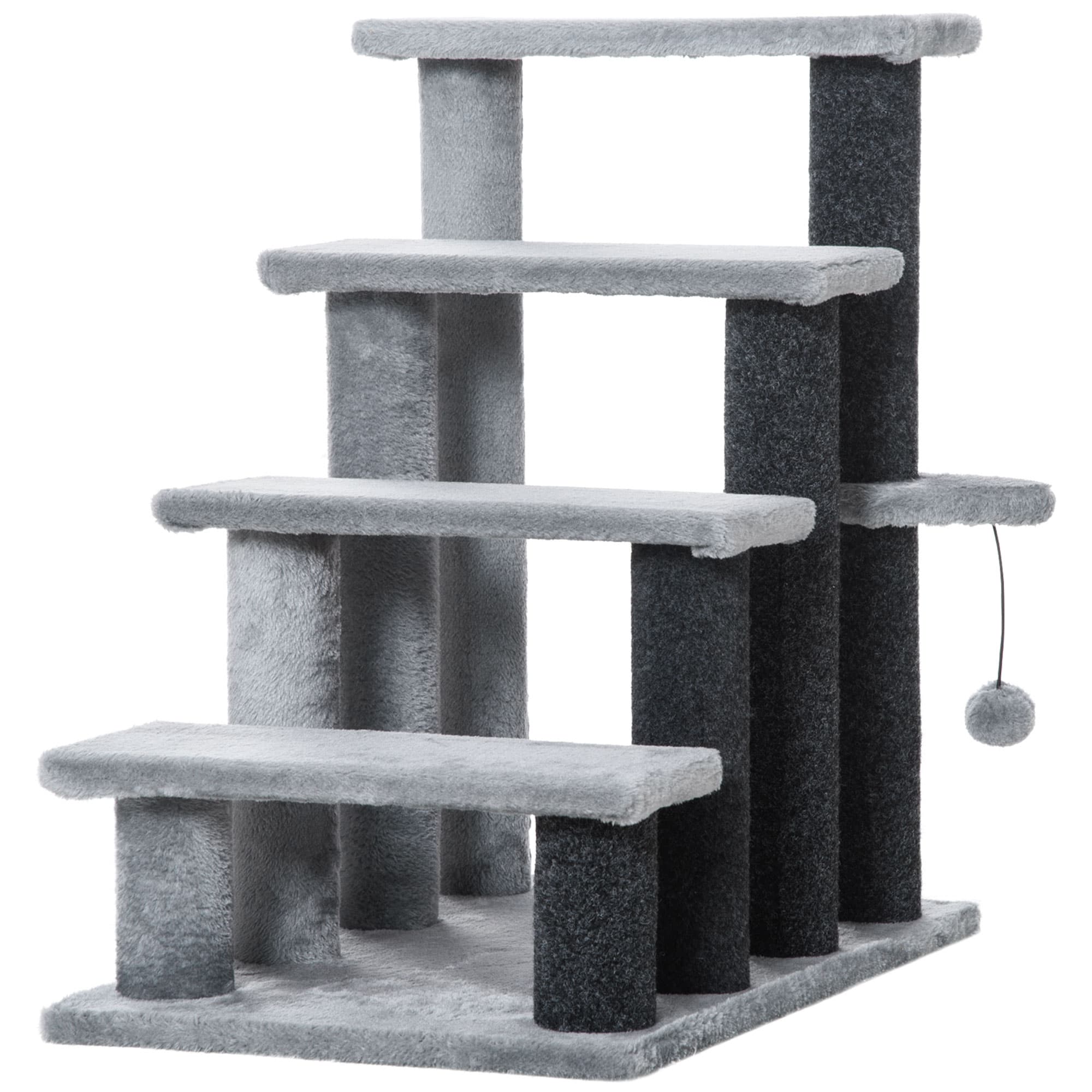 Vierstufige Haustiertreppe mit Kratzsäulen, Hundetreppe für Tiere bis 5 kg, Plüsch-Jute-Treppenteppich grau, Maße: 60 x 40 x