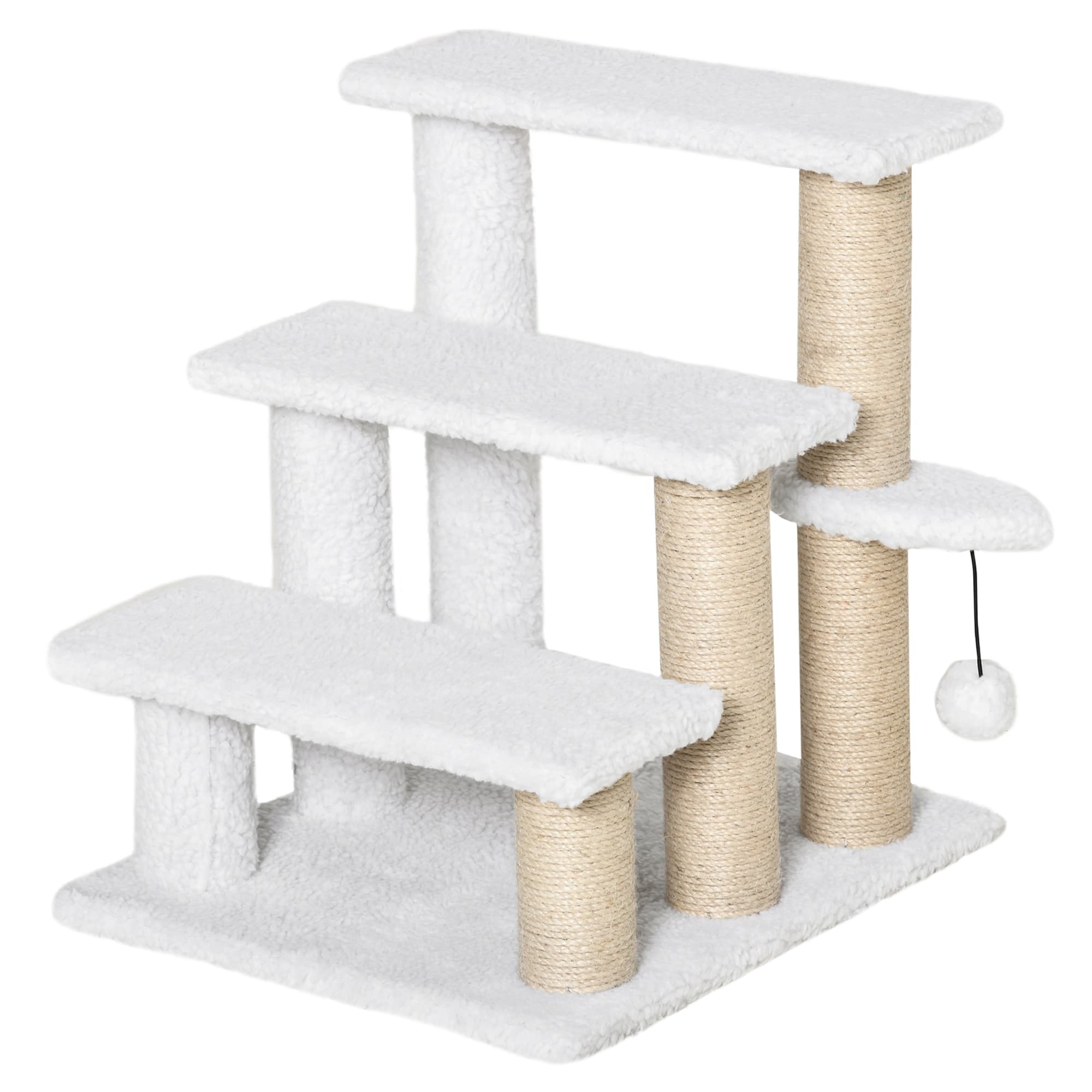Katzenleiter 3-stufige Haustierebene mit Rasensäulen Hundetreppe Tiertreppe für Katzen bis 5 kg Stoff Juta Weiß 45 x 40 x 48 cm