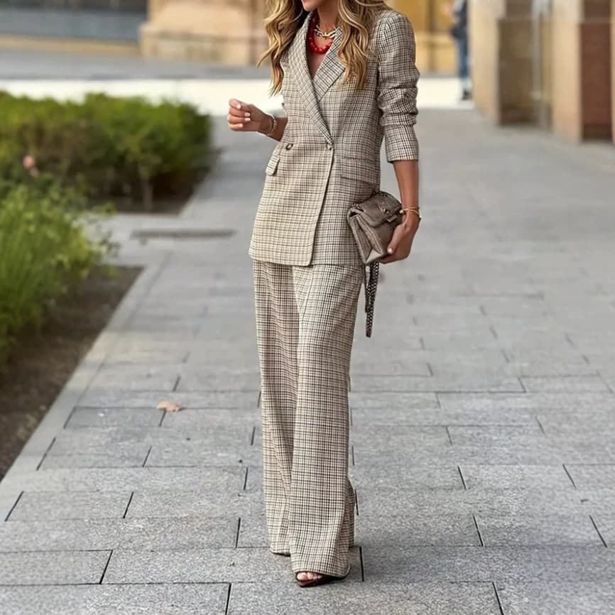 Elegant Lapel-Halsband Plaid Blazer High-Waisted breit-Leg Pants T